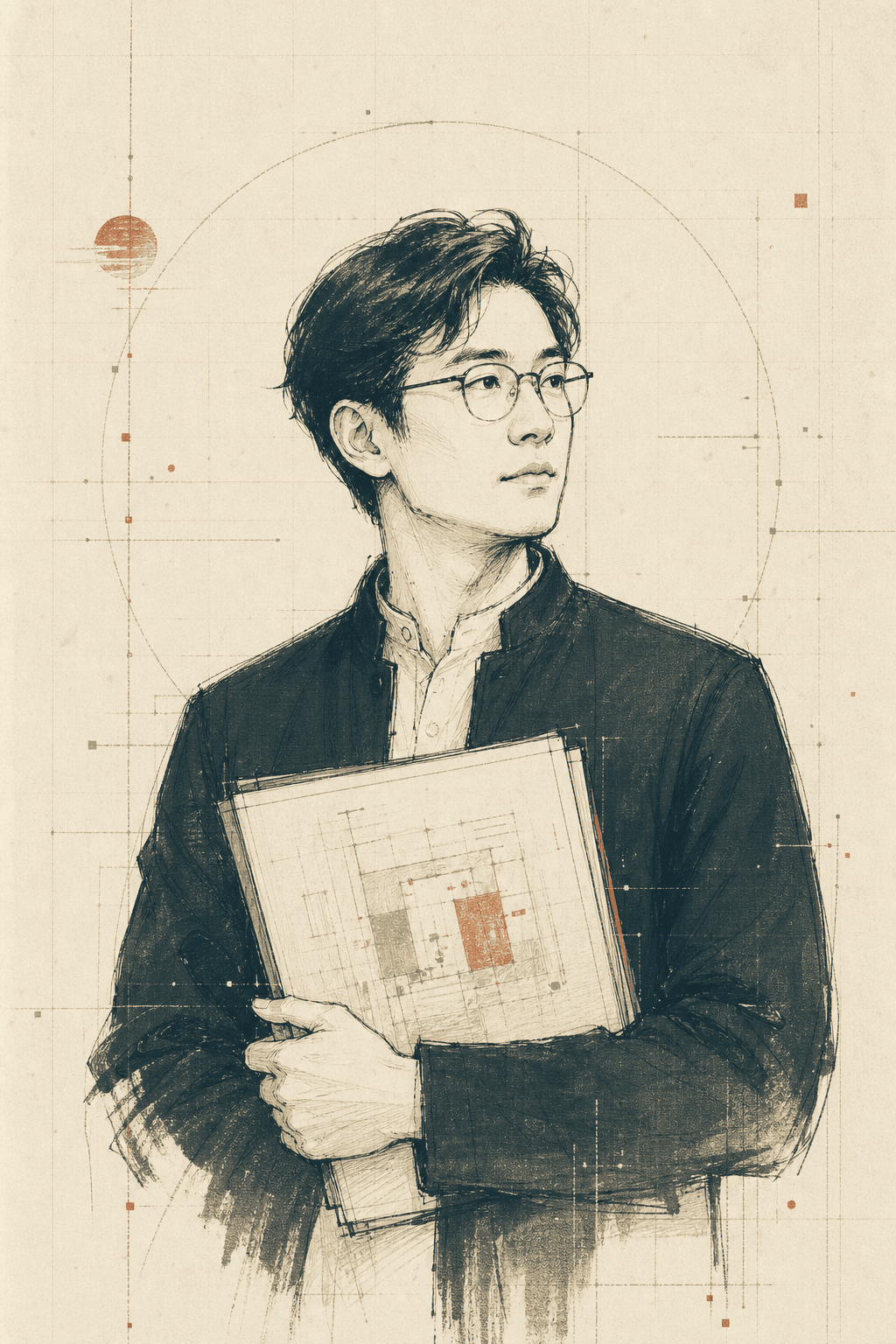 公开版简笔素描形象，占位展示品牌与空间策划者气质