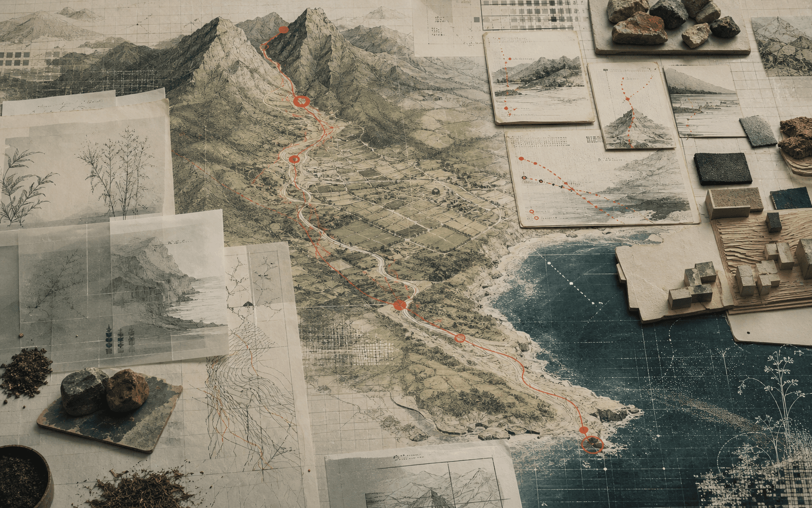 山地到海边的体验路线与空间规划氛围图